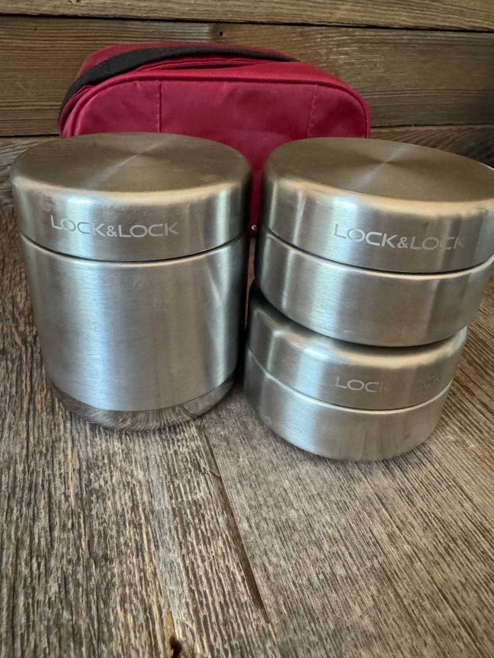 Lock & lock stainless steel lunch set with 3 containers and carrying case